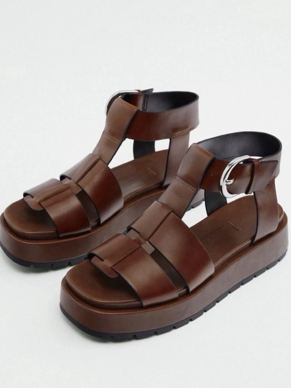 Zara Womens Size EUR 36 US 6 Brown Leather Buckle Fisherman Platform Sandals